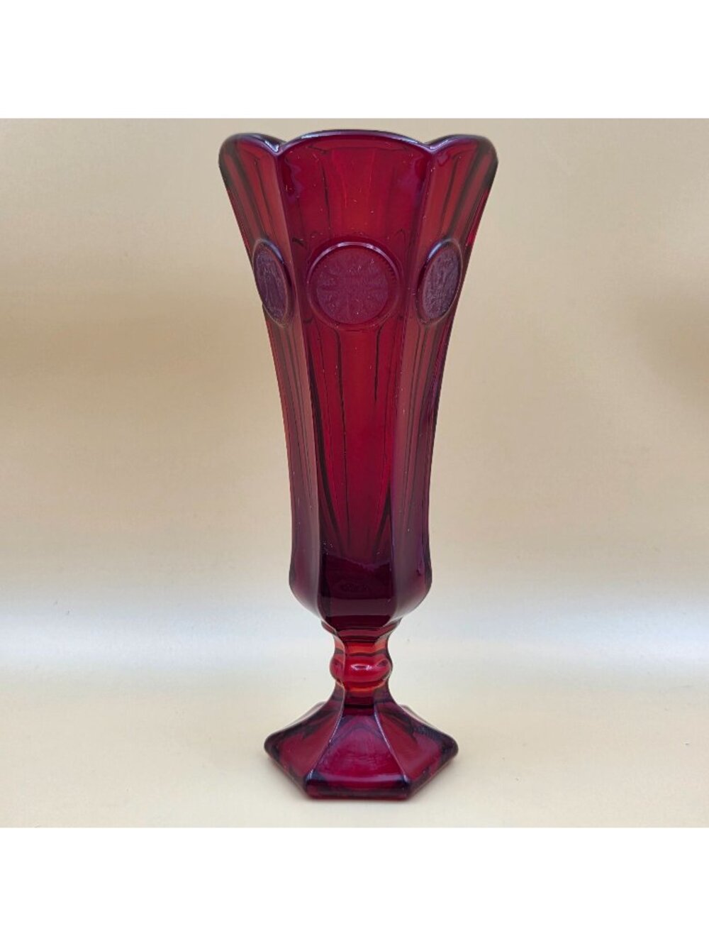 Fostoria Coin Glass Ruby Bud Vase Vintage Pedestal Red Glass